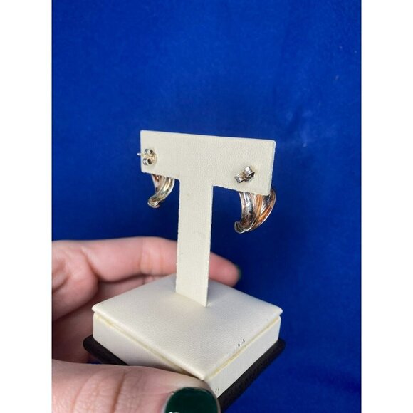 Estate Sterling Silver Half‎ Hoop Fan Design Pierced Post Earrings! 141 - Picture 8 of 9